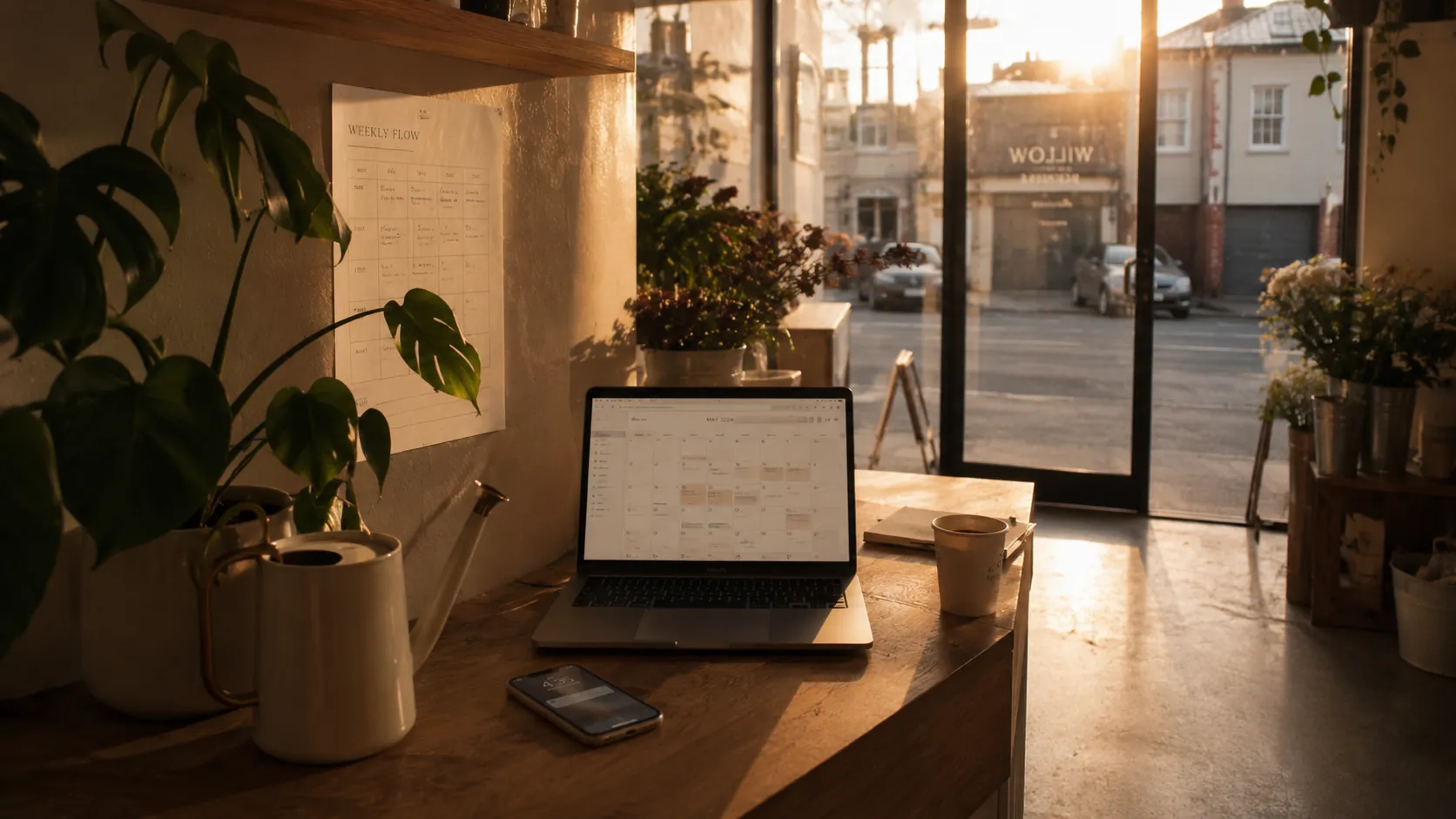 A small Australian shopfront studio at golden hour. Wooden counter with an open MacBook showing a calendar, a smartphone face-up, a watering can next to a thriving Monstera plant. Glass shopfront facing a quiet inner-city street.