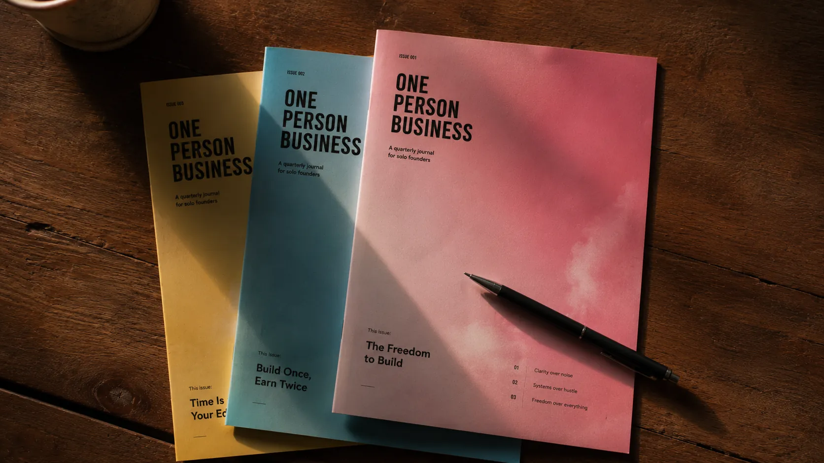 Three printed One Person Business journal covers stacked at an angle. Pink cover titled The Freedom to Build, cyan cover titled Build Once Earn Twice, yellow cover titled Time In Your Business. A pen rests across the stack on a wooden desk.