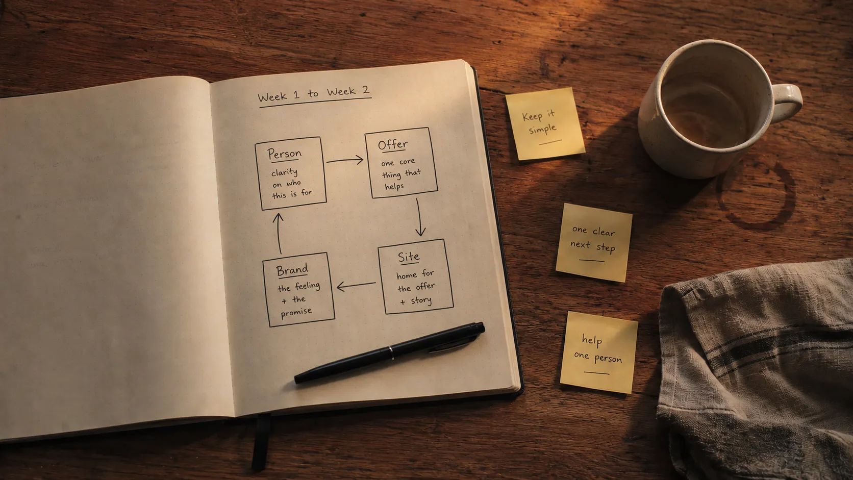 Top-down view of a kitchen table with an open notebook showing four boxes labeled Person, Offer, Brand, Site. Yellow sticky notes around the page. A pen, a coffee mug, a linen tea towel.