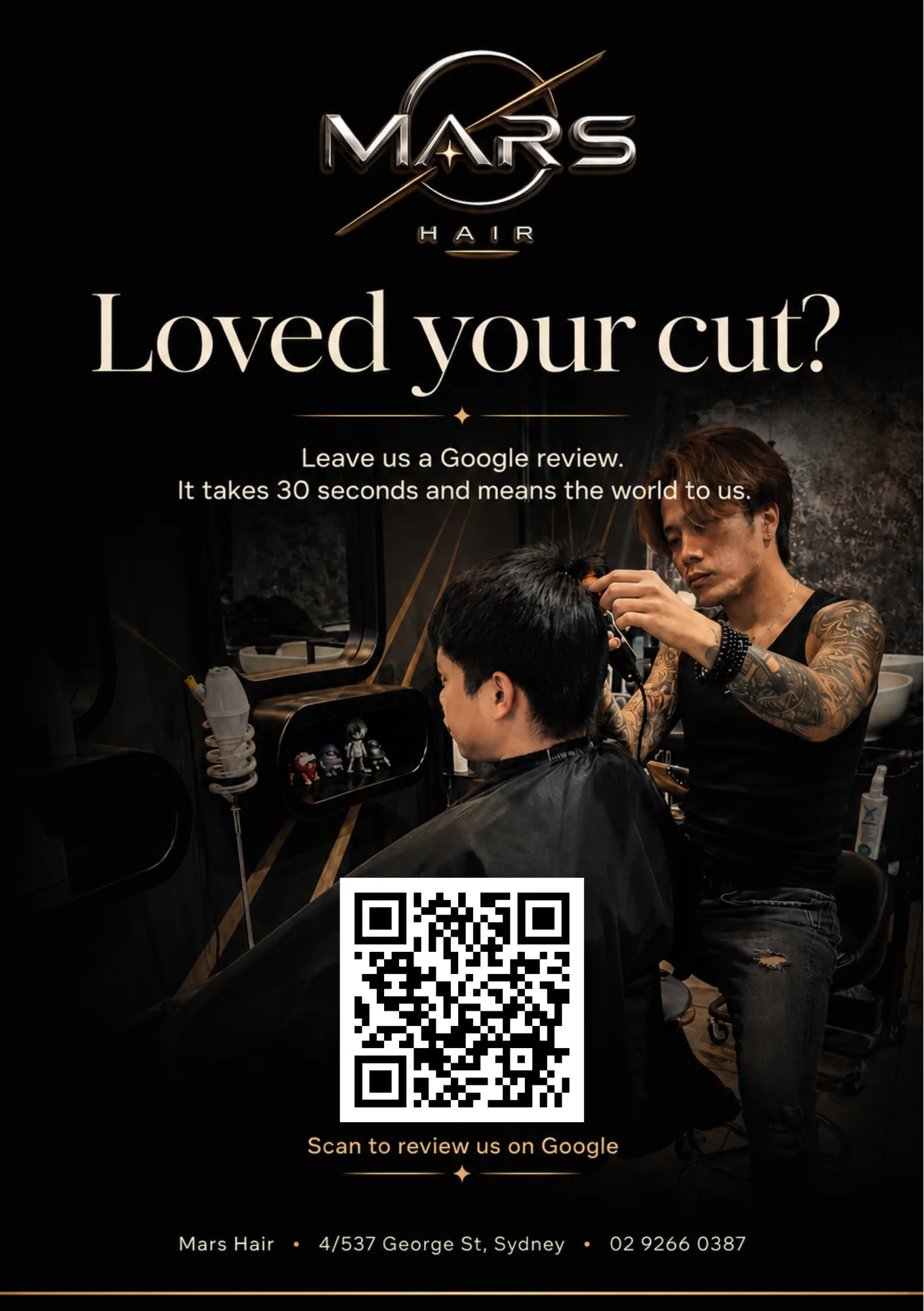Mars Hair Google review flyer, designed to turn happy clients into five-star reviews